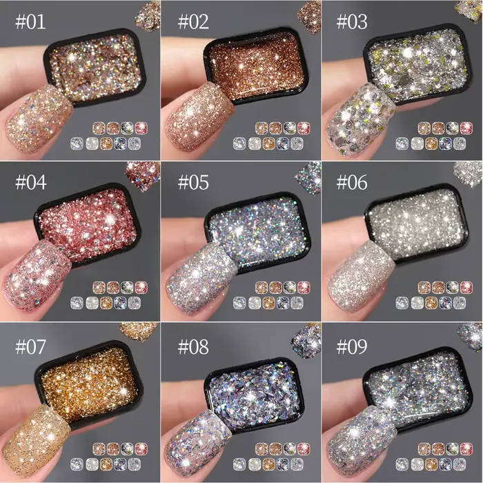 Lot de 9 couleurs – Série Galaxie Étoilée – Vernis à ongles semi-permanent en gel adhésif pailleté