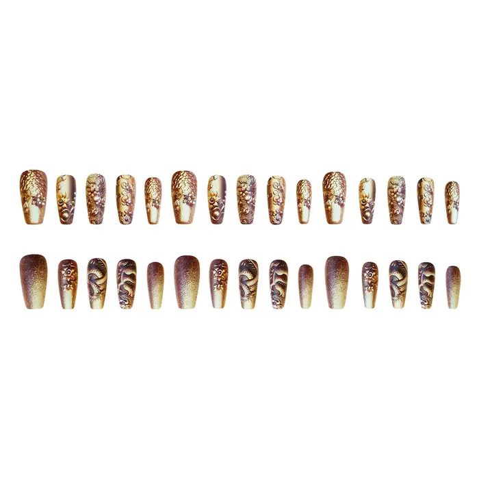Faux ongles à pression avec motifs de dragon embout Él ballerine moyenne longue couleur or N64 N64
