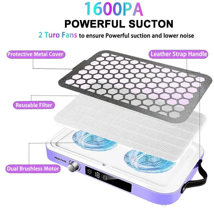 Aspirateur collecteur de poussière pour ongles, avec double ventilateurs Turbo sans balais, affichage LED, dépoussiérage Portable à haute efficacité