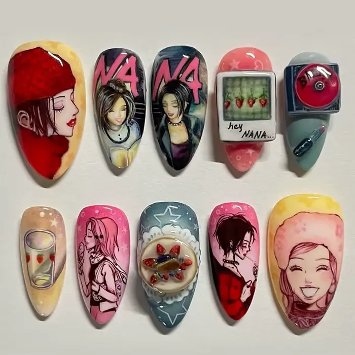 24 faux ongles à motifs anime, colorés, en forme d'amande, à presser, pour filles, mignons et portab