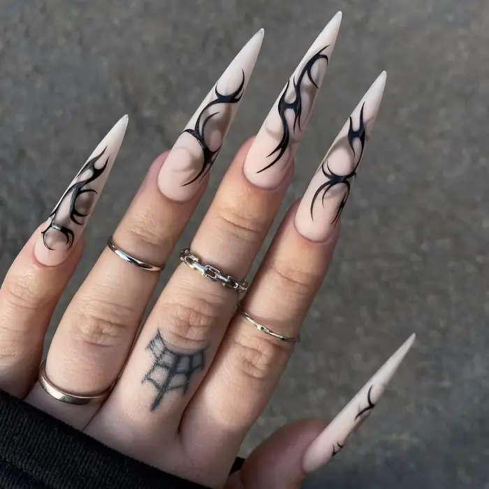 Faux ongles style Y2K, 24 pièces, épines noires, pointes blanches, à pression, artificiels, pour fem