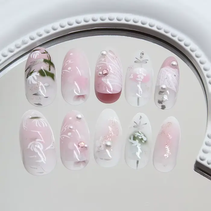 24 pièces douce amande faux ongles conseils peint à la main fleur perle motif Blush rose presse sur 