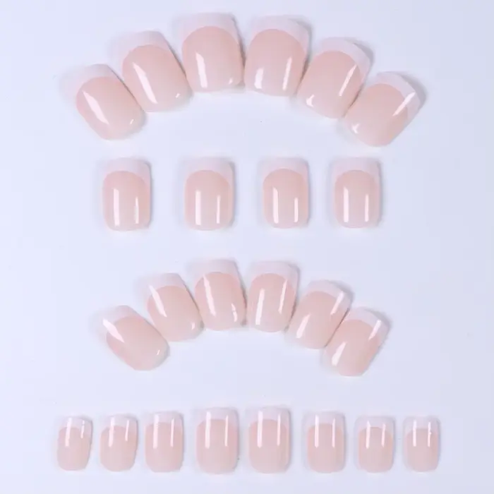 24 ongles français carrés courts à bord blanc simple + 1 colle