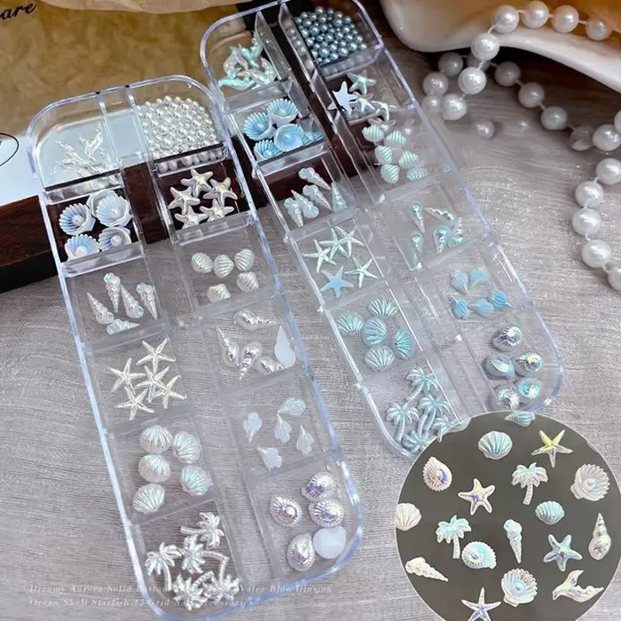 12 grilles/boîte bleu blanc breloque pour ongles coquille étoile de mer queue de sirène 3d accessoires de Nail Art pour un Look de manucure rêve et océanique