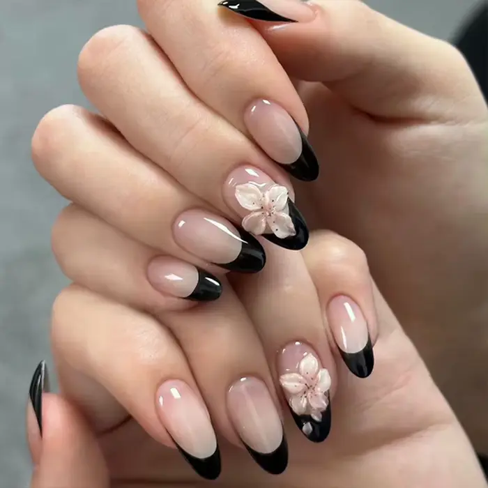 Faux ongles amande jaunes à fleurs roses 3D, style français, tendance estivale, détachables, prêts à