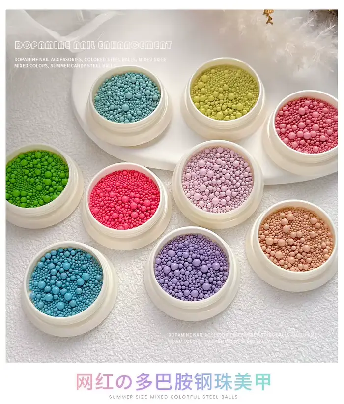 Étui de perles de caviar colorées pour nail art, 12 couleurs estivales, style macaron, effet dopamin