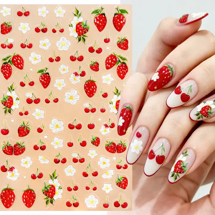 1 autocollant pour ongles 5D motif fraise rouge mignonne, cerise, fleur blanche, fruits, adhésif, Ka