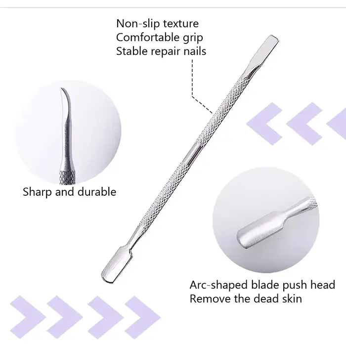 Dissolvant de cuticules en acier inoxydable, Double face, doigt, peau morte, poussoir de cuticules,