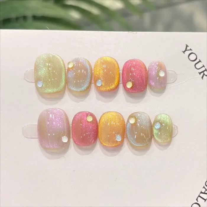 10 pièces oeil de chat presse à la main sur les ongles couleur bonbon faux ongles été mignon portabl