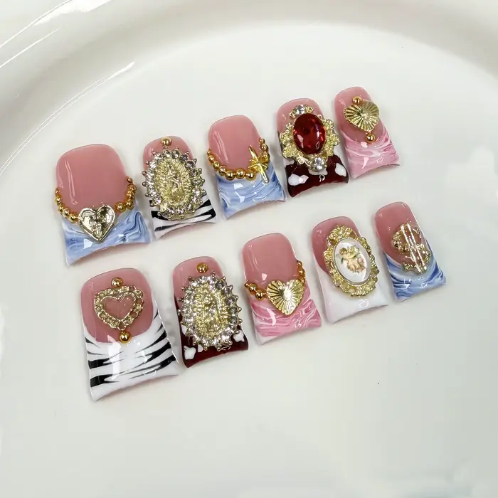 10 pièces français canard Bill faux ongles 3D coeur rubis Nail Art métal strass à la main presse sur