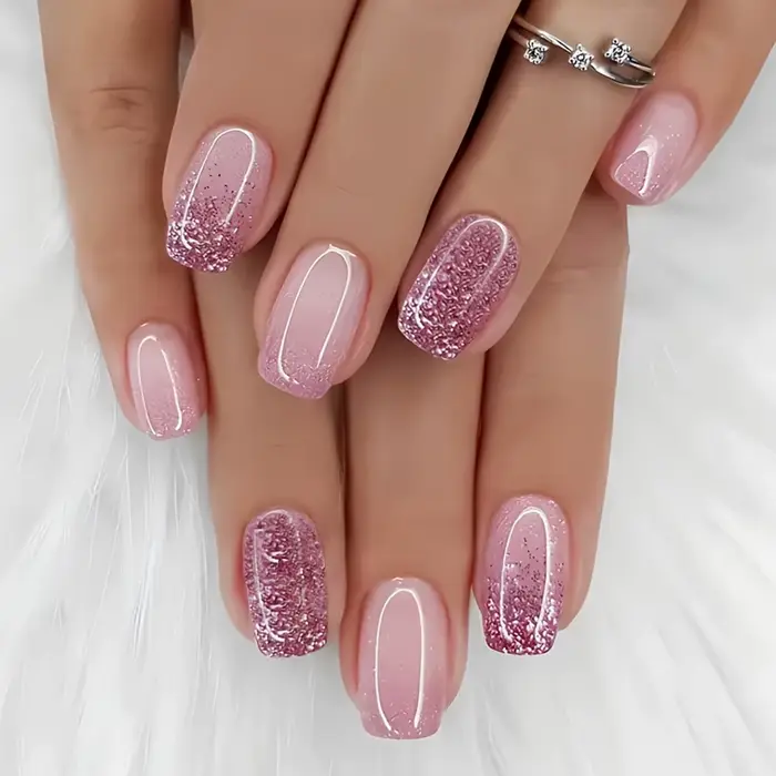 Faux ongles courts N64.avec poudre scintillante pour filles