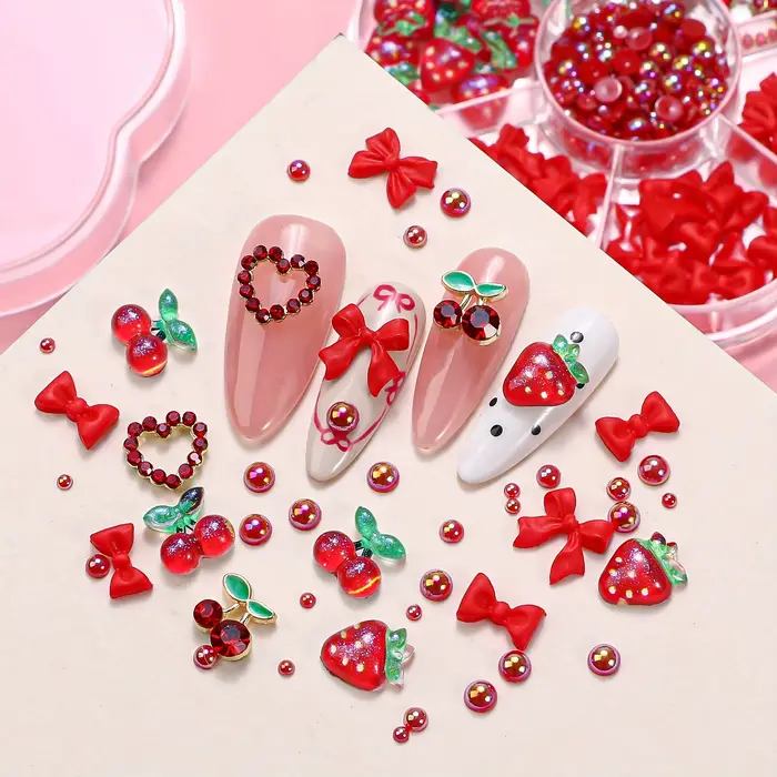 Breloques pour ongles, mélange aléatoire de fleurs de fraises, résine douce, lune à dos plat, access
