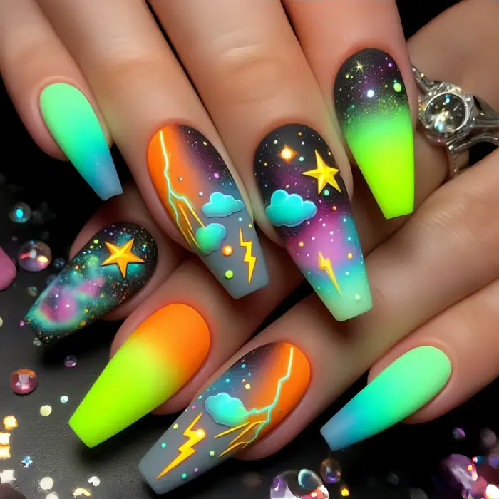 24 pièces ciel étoilé foudre motif presse sur ongles dégradé vert faux ongles portable réutilisable 