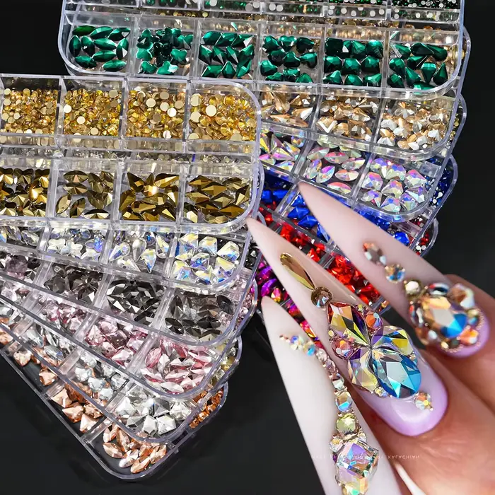 Strass diamant pour ongles or/Champagne, taille mixte 2-6mm, verre brillant à dos plat, gemmes en cr