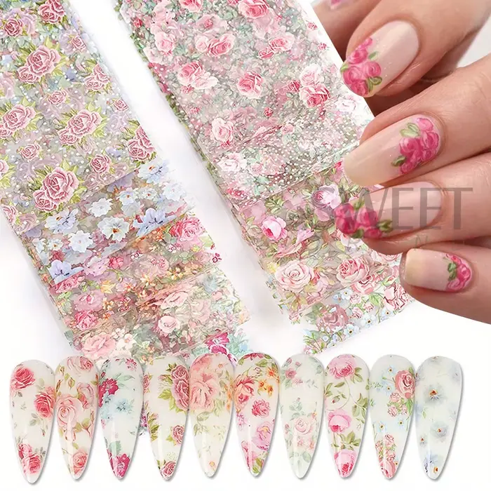 Ensemble d'autocollants de transfert pour Nail Art, 10 pièces, feuilles mixtes, motifs de fleurs de 