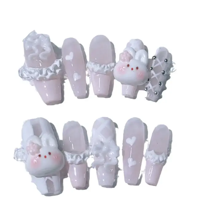 Faux ongles longs et amovibles faits à la main réutilisables simples doux français rose girly jupe en forme de cœur lapin mignon