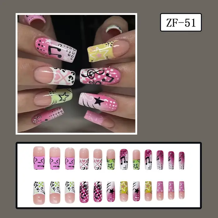 24 faux ongles style Y2K pour filles, motif note de musique et étoile, longs, forme cercueil, à pres