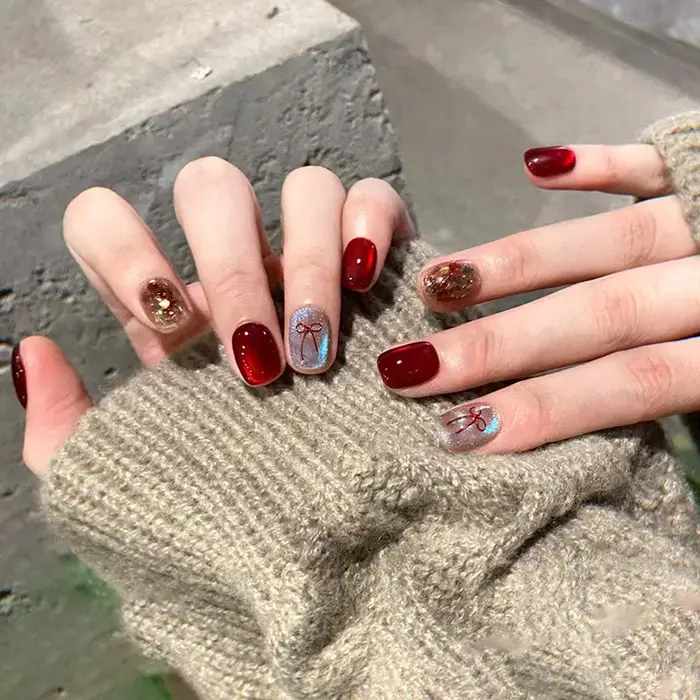 Faux ongles courts N64.avec poudre scintillante pour filles