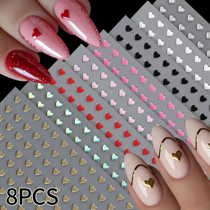 8 couleurs/ensemble 3D Mini amour coeur saint valentin ongles autocollants or rouge rose