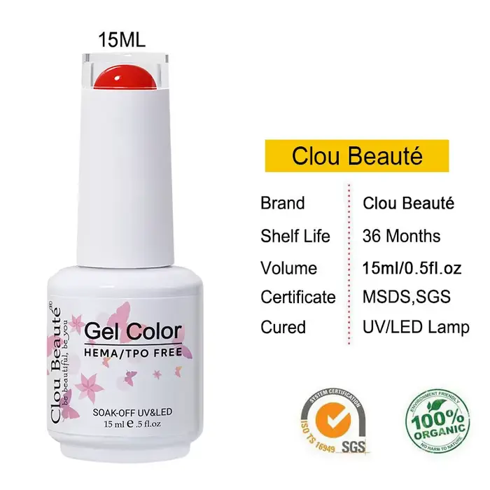 Clou Beaute Gel Color Hema TPO Free 15ml Vernis à ongles gel UV Soak Off pour Nail Art et Manucure