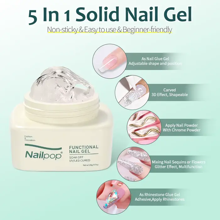 Gel adhésif solide Nailpop - Gel UV transparent pour ongles à presser