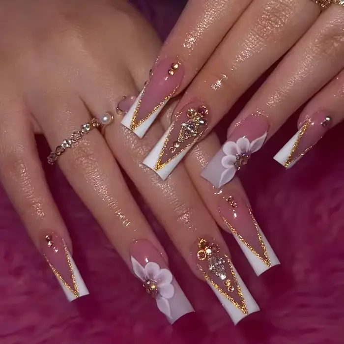 24 faux ongles à presser avec strass, motifs floraux, longs et carrés, en acrylique, style français,