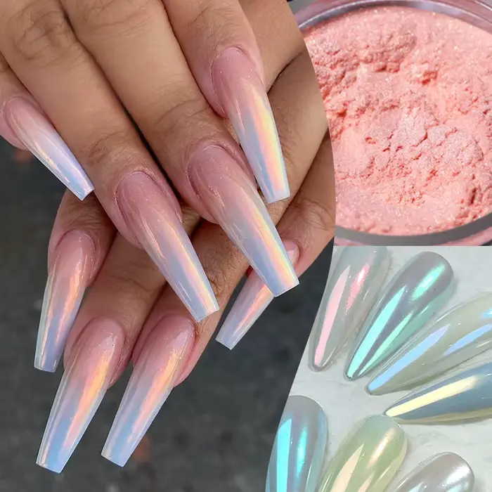 Aurora perle nue rose blanc ongles paillettes poussière Chrome clair de lune