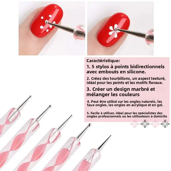 5 pièces 2 voies Nail Art acrylique Silicone pointe fleur stylo à ongles en acier inoxydable outils de pointage marbré peinture stylos