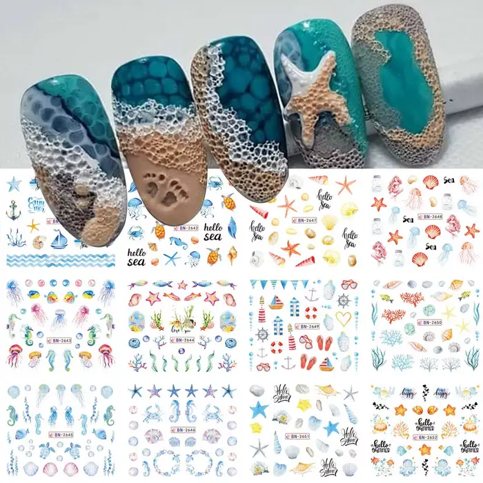 12 Motifs d'Autocollants pour Ongles Thème Océan Estival – Conques, Étoiles de Mer et Méduses Coloré
