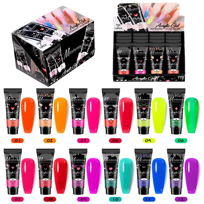 Gel Acrylique Poly Nails 60ml pour Extensions d'Ongles UV LED, Rose, Blanc, Transparent, Pailleté, A