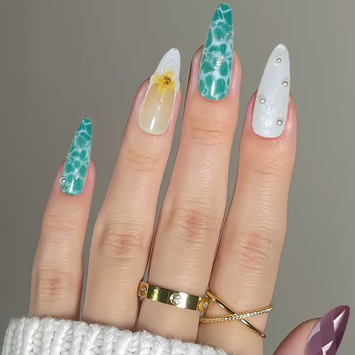 10 pièces presse à la main sur les ongles motif d'ondulation d'eau étoile de mer amande faux