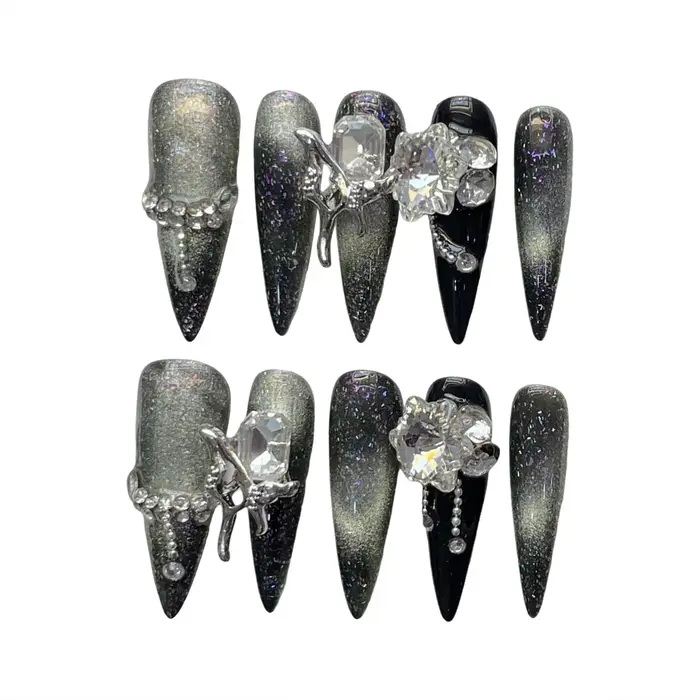 Presse faite à la main sur les ongles noir argent longue tête pointue faux