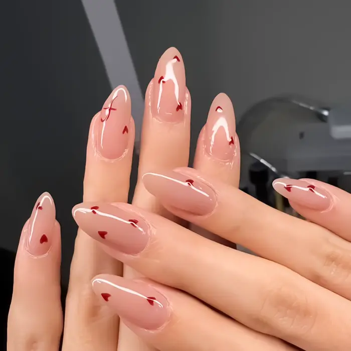 Faux ongles en amande rose clair pour filles, 24 pièces, à pression pour la saint-valentin, imprimé 