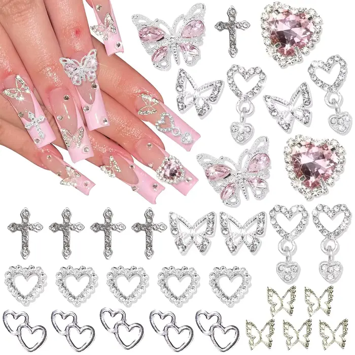 47 pièces 3D papillon ongles breloques argent croix Nail Art breloques balancent coeur breloques pou