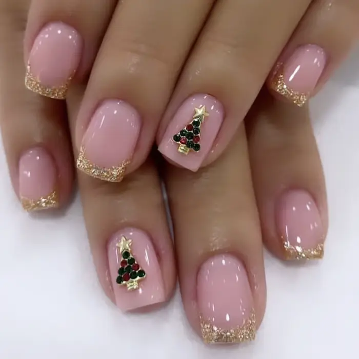 Faux ongles français à pression rose, carrés courts, avec colle, paillettes, acrylique, couverture c