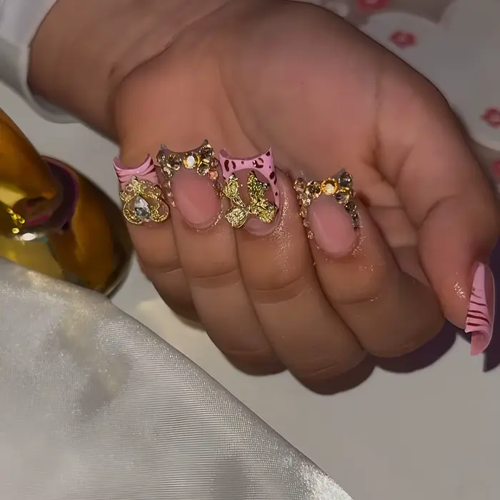 Faux ongles en bec de canard détachables, imprimé léopard Y2k, rose, court, à pression, fleur, couve