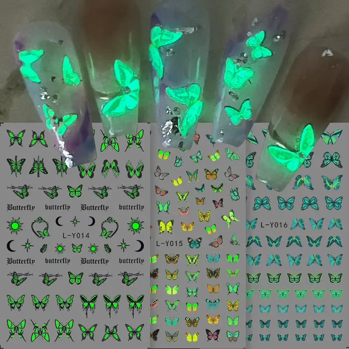 Autocollants pour ongles papillon lumineux, 3 pièces, série papillon bleu coloré, Design qui brille