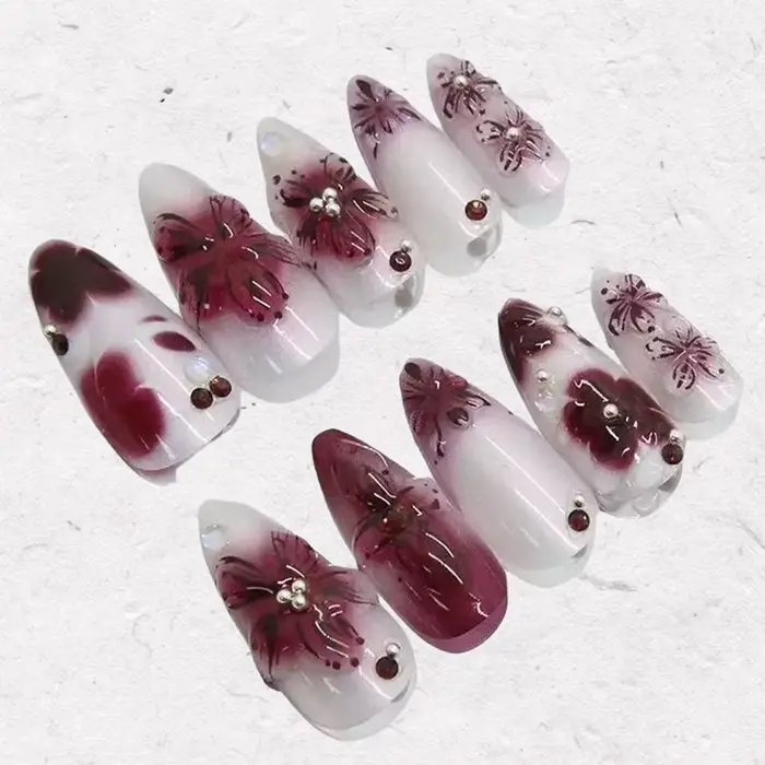24 pièces perles fleur ongles conseils couleur foncée Design français Nail Art presse