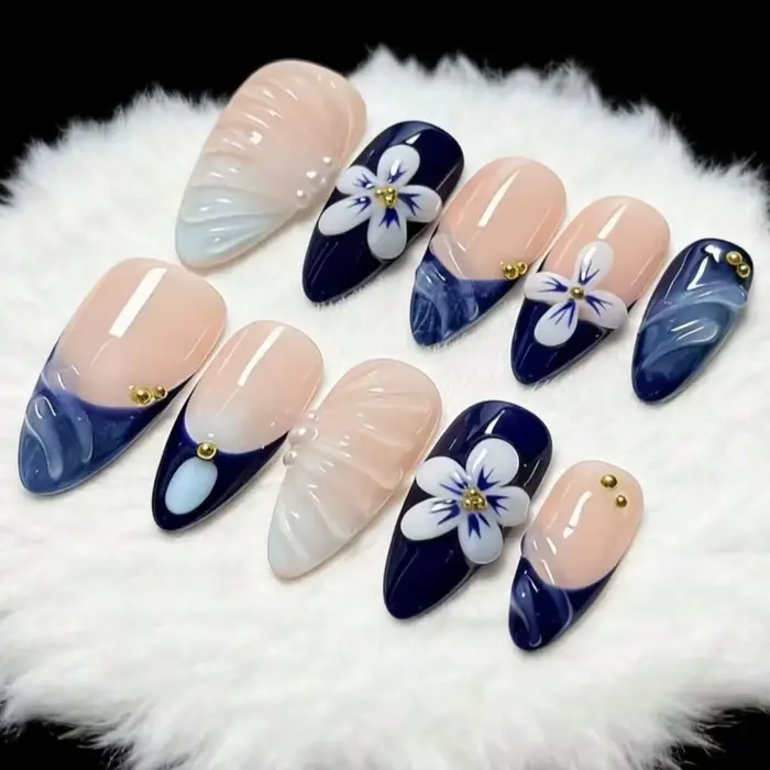 Ensemble de 10 pièces de nail art fait main, de style français, en forme d'amande, à motif vague gau