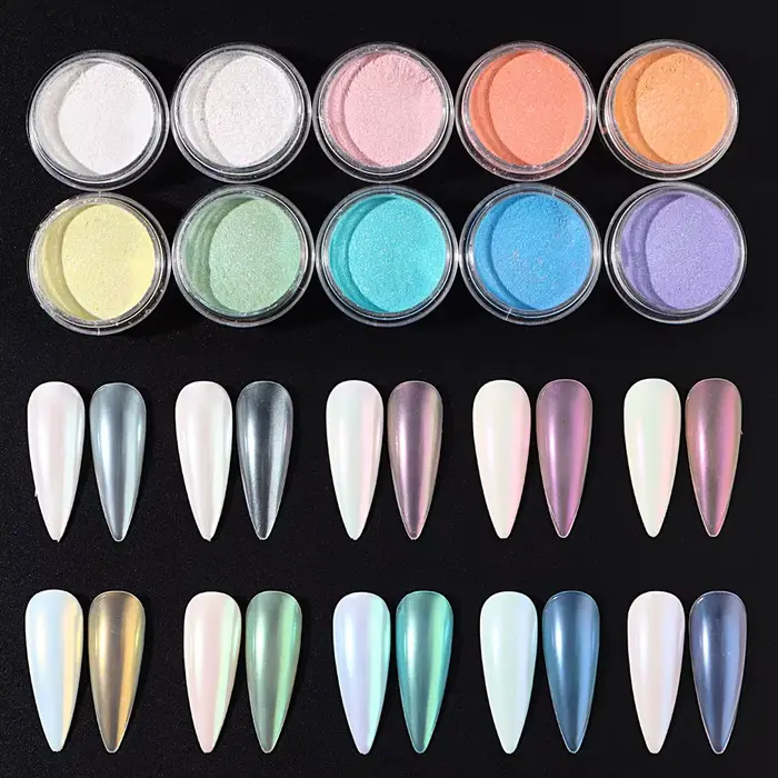 Ensemble de 10 pièces de poudre à tremper sirène pour ongles, effet aurore, Pigment irisé, vernis Ge