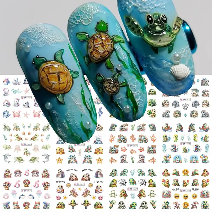 12 Motifs Adorables Tortues Marines Autocollants d'Été pour Ongles Dauphins Étoiles Thème Océan Décoration Manucure à Transfert d'Eau Breloques Coulissantes
