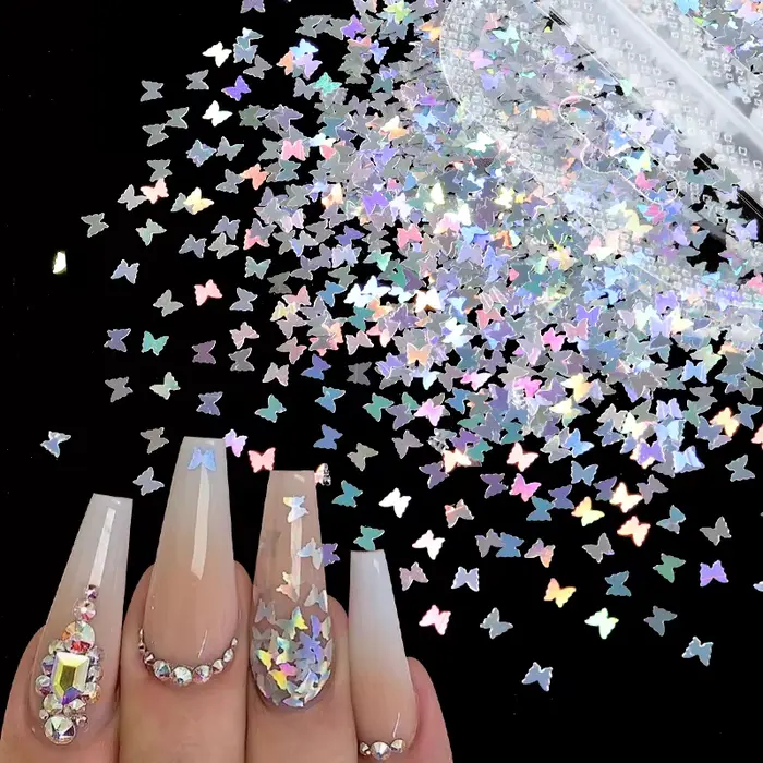 Paillettes holographiques Laser argentées pour Nail Art, flocons papillon amour coeur lettre paillet