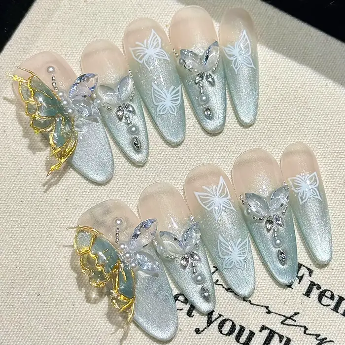 Faux ongles roses avec dégradés, vert, fait à la main, rayures en cristal 3D, fleurs à pression, fra