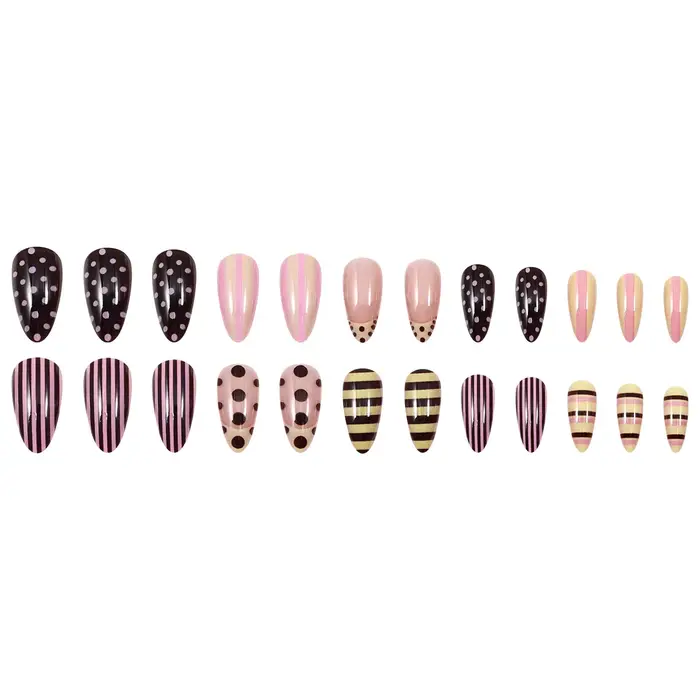 24 faux ongles brillants en forme d'amande, motifs rayés colorés et pois, style français, à presser, pour un look estival doux et cool