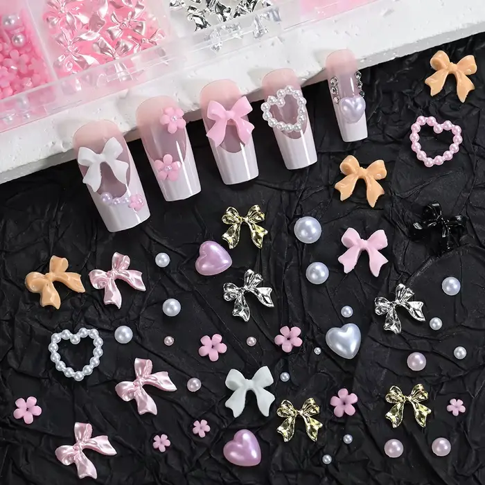 12 grilles 3D ruban multicolore fleur Nail Art breloques simulés pétales amour