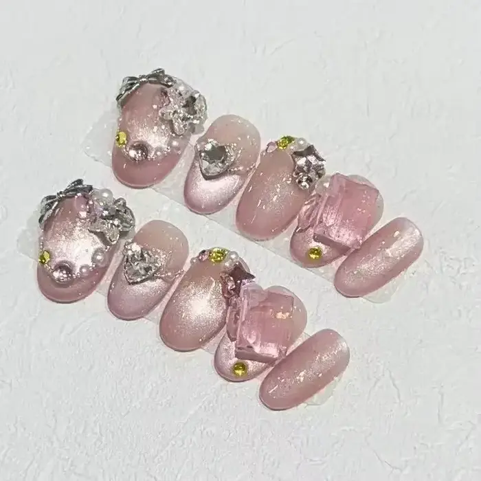 10 pièces court fait à la main rose presse sur les ongles printemps français strass couverture compl