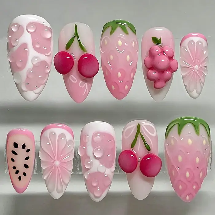 24 faux ongles roses mignons 3D en forme de fleur et d'étoile