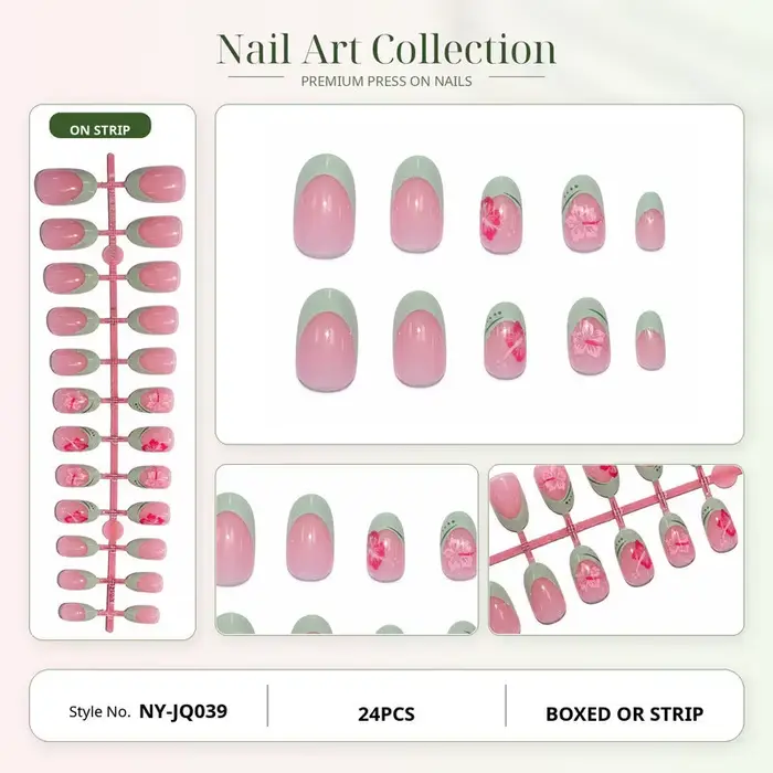 Ongles à presser verts menthe avec petites fleurs rouges, forme ovale nude, populaires en Europe et 
