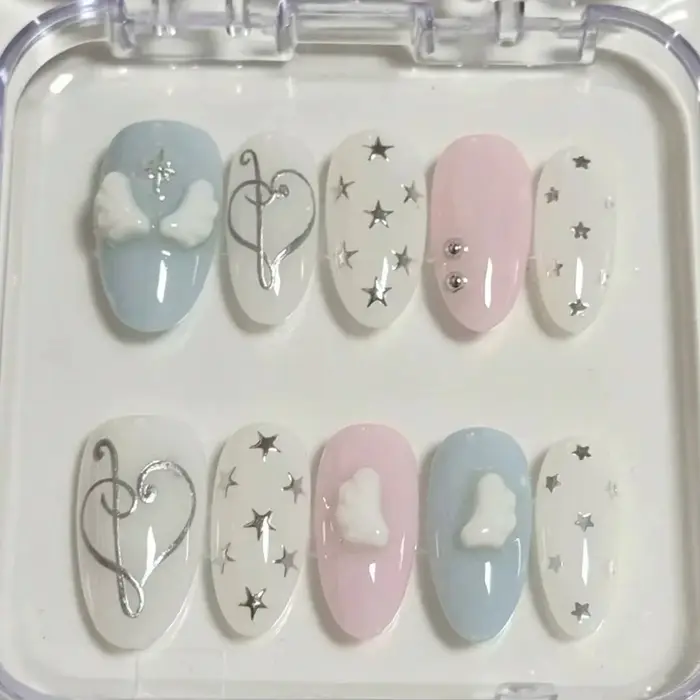 10 pièces de faux ongles en forme d'amande pressés à la main, magnifiques faux ongles, avec motifs d