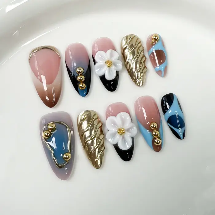 10 pièces arc-en-ciel couleur baroque diamant Design faux ongles à la main presse